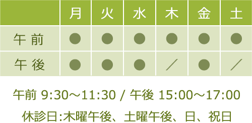 受付時間：午前9:30～11:30/午後：15:00～17:00、休診日:木曜午後、土曜午後、日、祝日