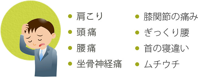 肩こり、頭痛、腰痛、坐骨神経痛、膝関節の痛み、ぎっくり腰、首の寝違い、ムチウチ